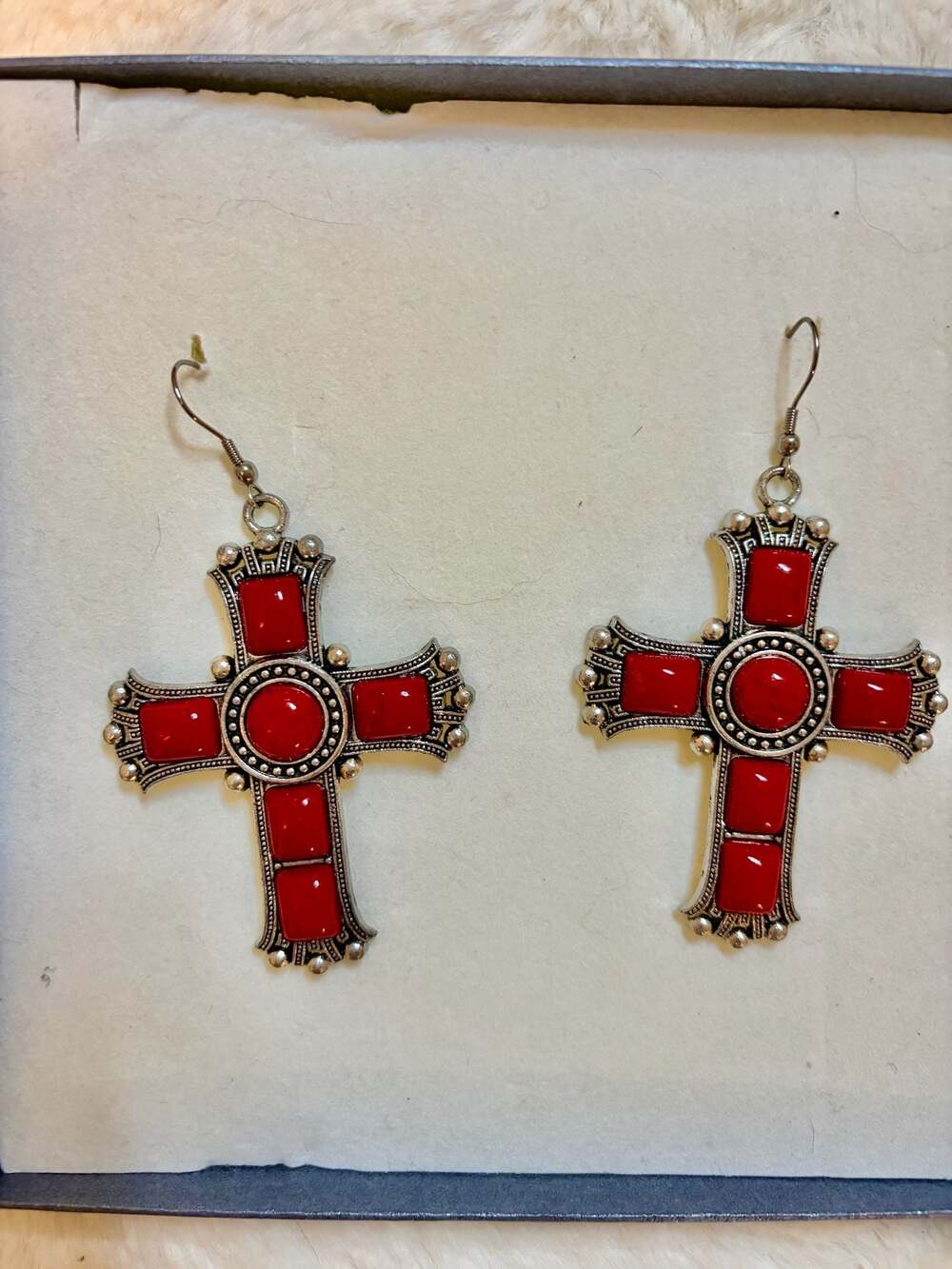 Western Style Burnished Silver and Red Faux Stone Cross Dangle Earrings